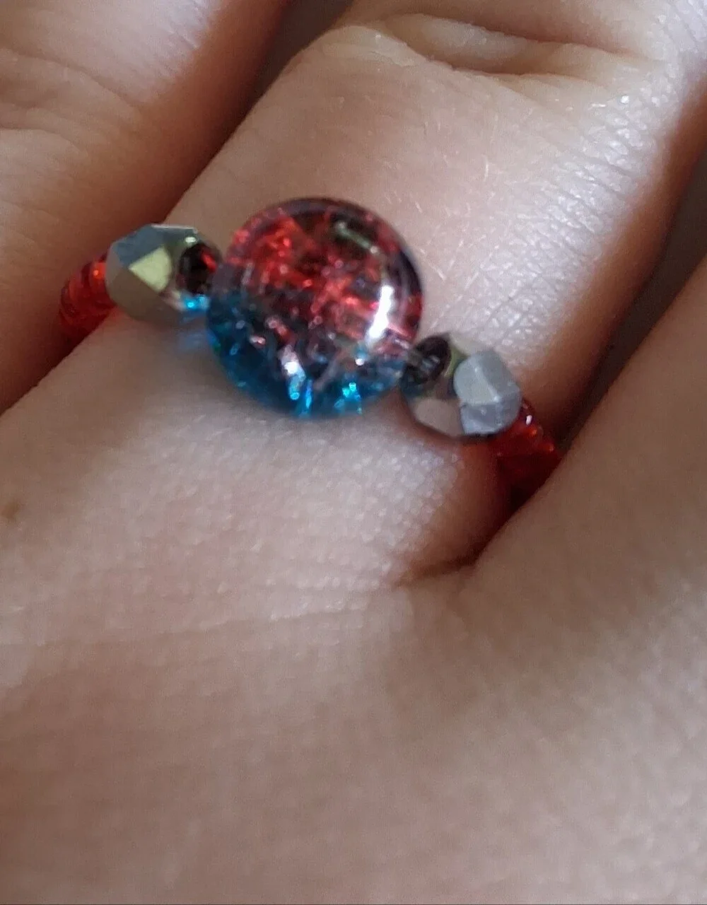 5/$25 Hand Crafted Red and Blue Glass Focal Bead Ring 7,8,9